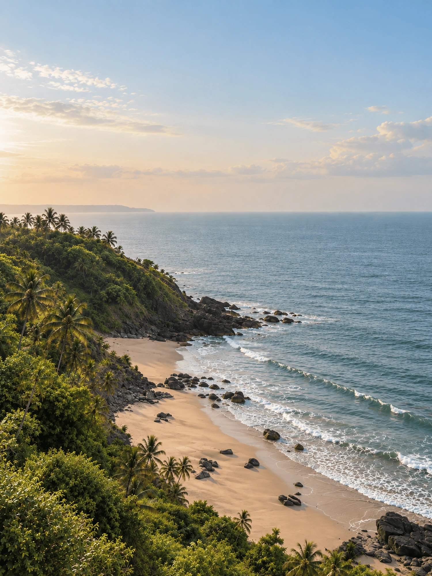 Palm-lined cliffs above a quiet Goan beach at sunset