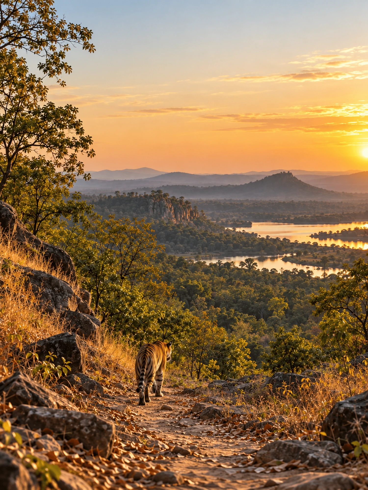 A tiger walking a forest trail above the Pench river valley at dusk